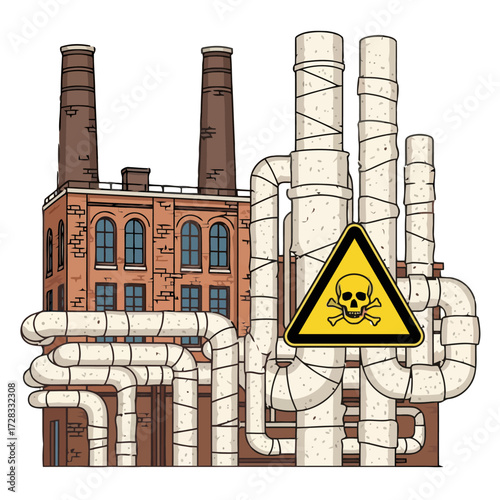 Industrial factory with brick building, tall smokestacks, and complex piping system, featuring skull and crossbones warning sign