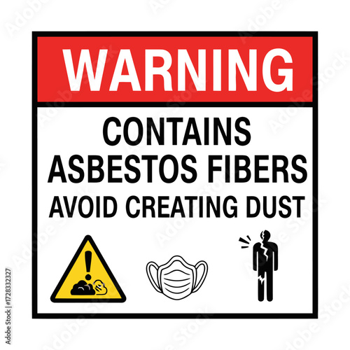 Warning sign stating asbestos fibers are present and to avoid creating dust, with symbols for hazard, mask, and sick person