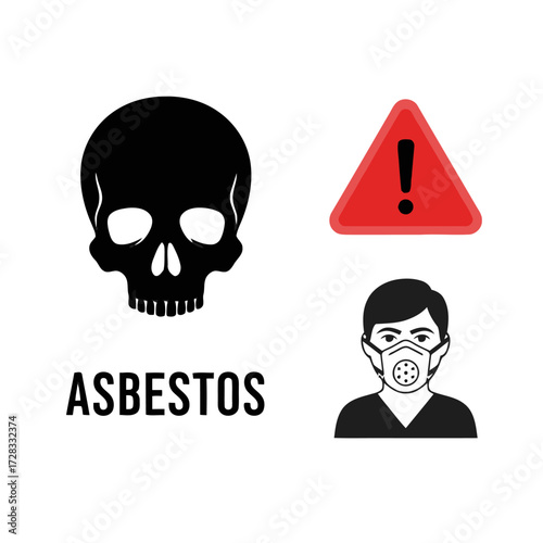 Asbestos hazard warning sign with skull and person wearing mask