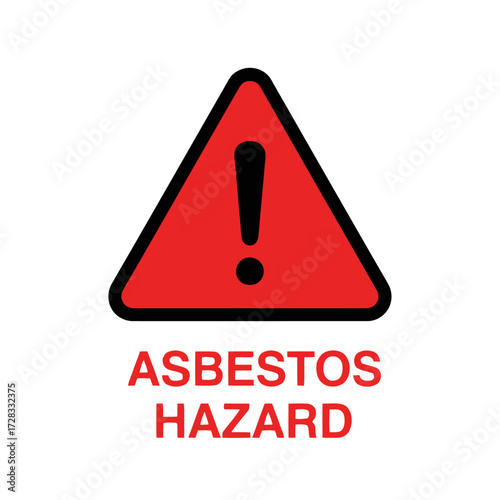 Red asbestos hazard warning triangle sign with exclamation mark