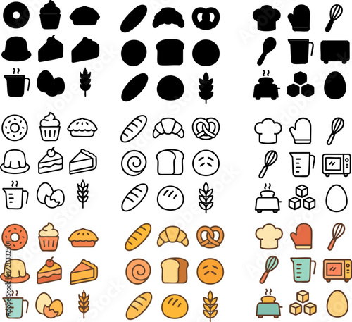 Collection of bakery and baking icons in various styles.