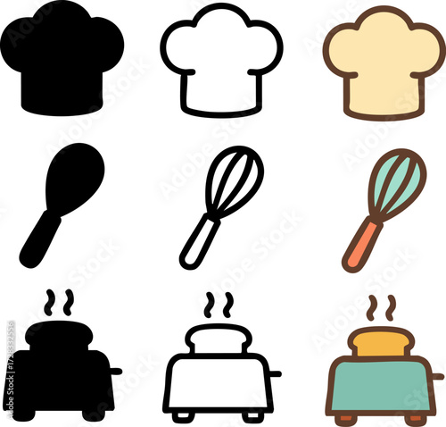 Cooking and Baking Utensils and Appliances Icon Set.