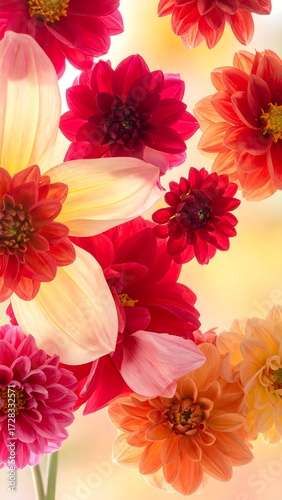 A vibrant close-up of various dahlias in shades of pink, red, and orange, creating a colorful and lively floral arrangement