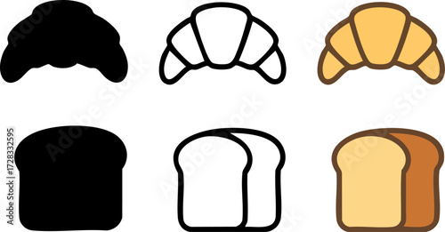 Croissant and Bread Loaf Icons Set.