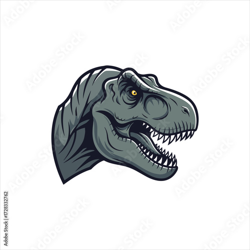 Illustration of a Tyrannosaurus Rex head with an open mouth, showing sharp teeth, and yellow eyes, against a white background.