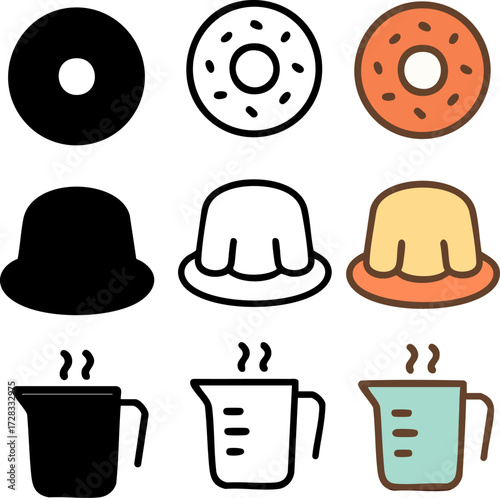 Donuts puddings and measuring cups in various styles.
