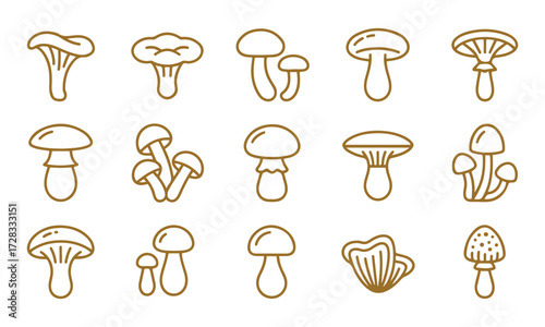 Minimal Line Art Mushroom Icons for Nature, Food, and Botanical Design, Minimalist design, Clean vector Outline, Thin stroke, Modern design.
