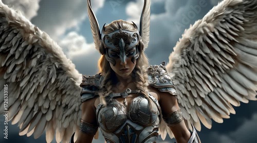 Fierce Valkyrie warrior in silver armor