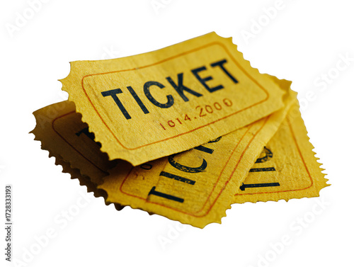 Yellow admission tickets isolated on transparent background, vintage paper entry passes for cinema, concert, carnival, or theater, retro ticket stubs for event design and decoration