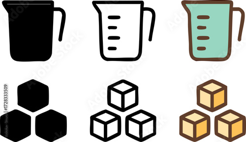 Measuring Cup and Sugar Cubes Icon Set.