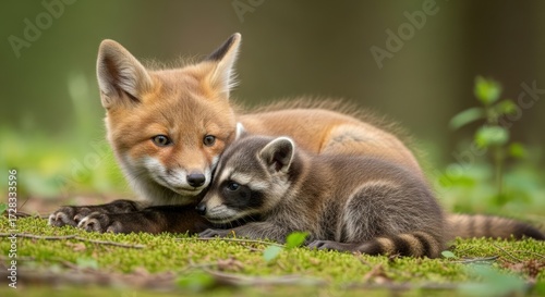 Wallpaper Mural A red fox and a raccoon cuddle together on mossy ground in a forest with soft, natural lighting and a warm, Torontodigital.ca