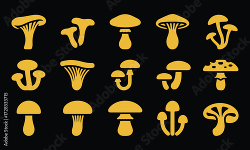 Vibrant Yellow Mushroom Icons on Black for Eye-Catching Botanical and Culinary Designs. Bold Flat Vector Shapes, Clean Modern Style, Professional Design.