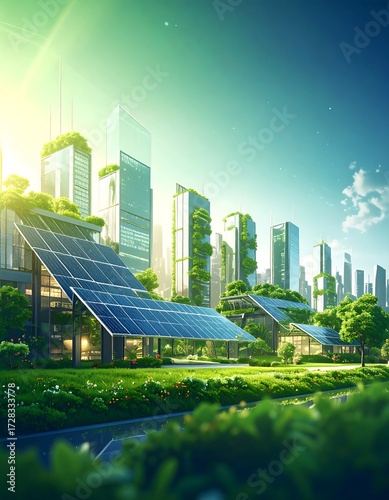 Sustainable futuristic city with solar panels