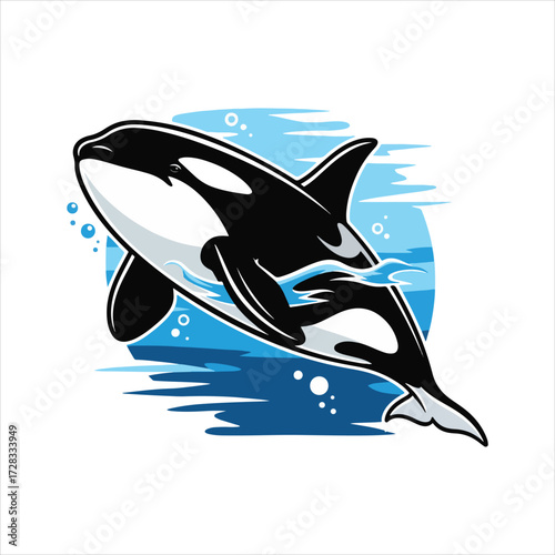 A stylized illustration of a killer whale leaping through ocean water with bubbles.