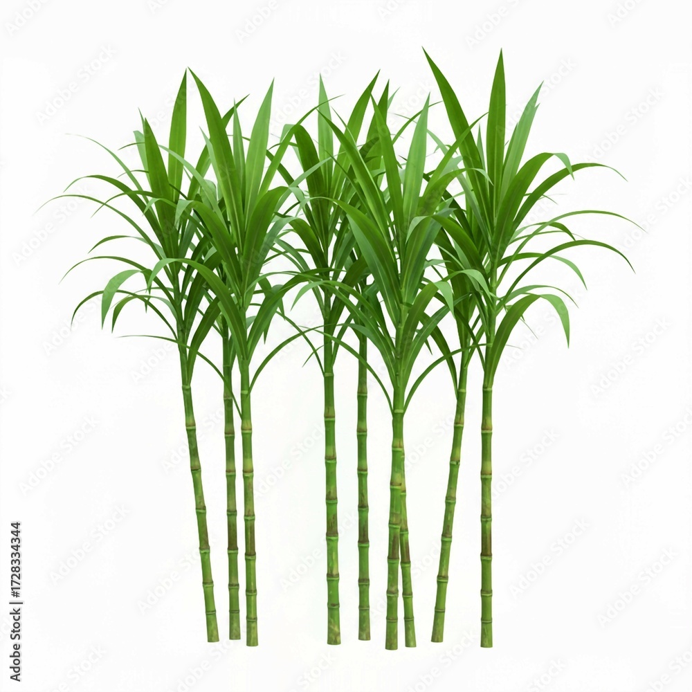 Obraz premium bamboo leaves isolated on white, Hand drawn illustration of sugarcane stalks, leaves, realistic art style. Multiple green stalks with segmented texture, long leaves. White background isolates plant. B