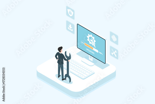 latest software update on computer screen, updating, isometric concept, flat design	
