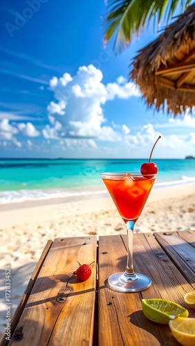 A vibrant cocktail sits on a wooden table overlooking a pristine beach with turquoise water and a partly cloudy sky