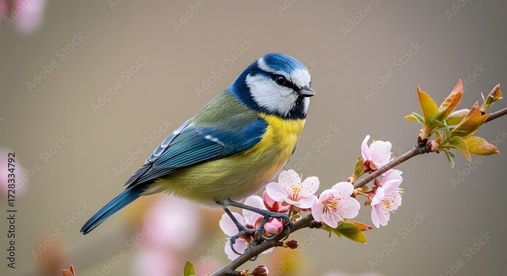 Fototapeta premium Cute bird on blooming branch