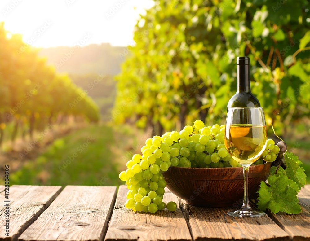 Fototapeta premium Wine glass and grapes in vineyard