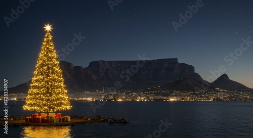 Cape Town Table Mountain Christmas, decorated tree glowing at base of rocky cliffs