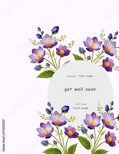 Get well soon card template design with floral decorative background
