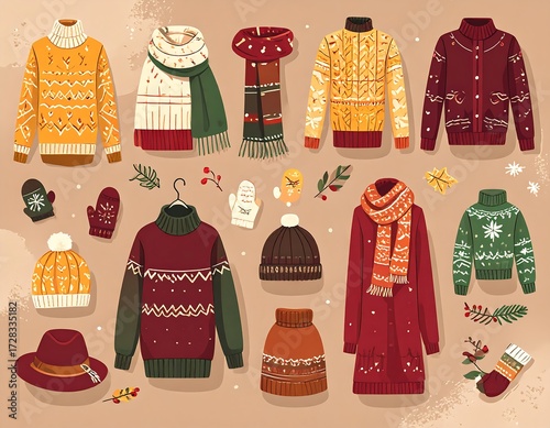 Winter fashion collection of sweaters, scarves, and accessories