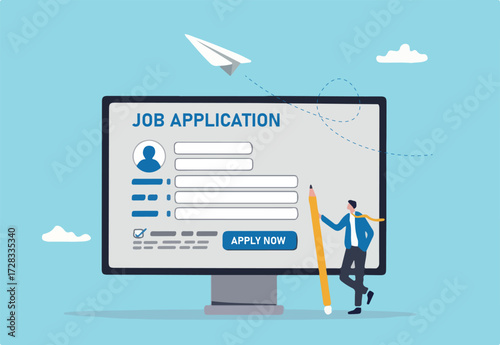 Online job application, career or employment submission form, candidate recruitment, job search or resume and CV document upload concept, businessman hold pencil fill in computer job application form.