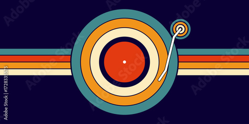 Retro stylized vinyl record and turntable illustration with concentric circles and horizontal stripes in a vintage color palette.