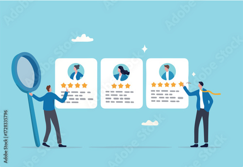 Performance management employee evaluation review, yearly appraisal or staff career development, employee measurement concept, businessman manager giving stars review on performance management. 