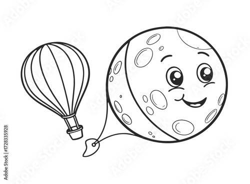 Whimsical cartoon moon character with craters smiling, holding a hot air balloon