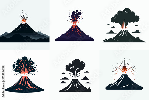 vector illustration set of silhouettes of Mount Merapi erupting