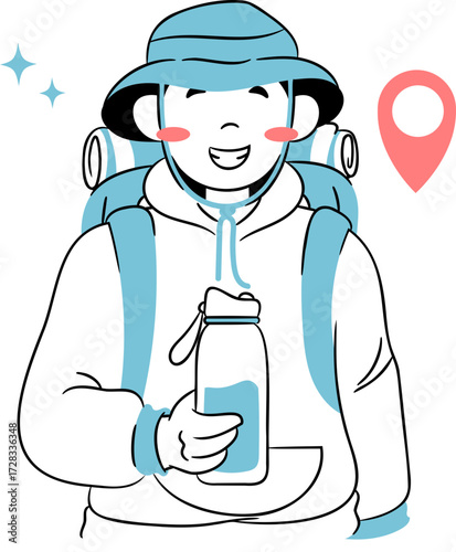 Illustration of Smiling Hiker With Water Bottle