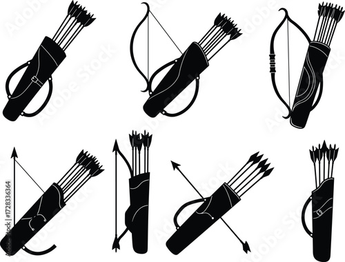 Archery quiver with arrows and bow silhouette, traditional hunting equipment, medieval weapon design, archery tools illustration, black vector icons