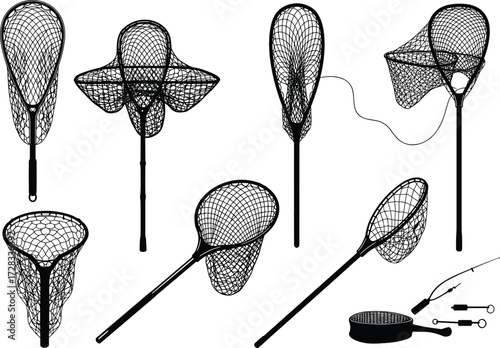 Fishing net collection with various designs, angling equipment, fish catching gear, outdoor hobby tools, fisherman accessories, sport fishing tackle set illustration