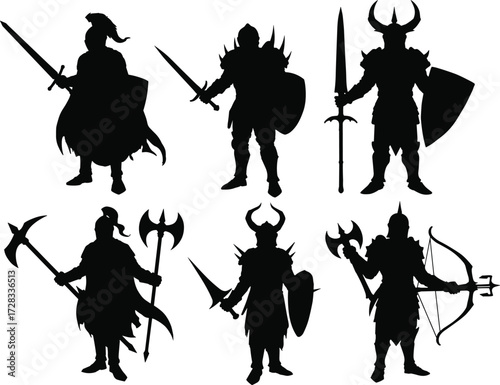 Medieval knights silhouettes, fantasy warriors, gothic fighters, armed soldiers, battle ready heroes, shield and sword, ancient combat, dark warrior illustration, epic defense