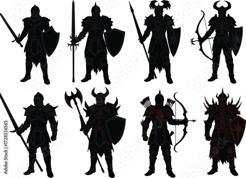 Medieval knights, warrior armor, fantasy soldiers, gothic fighters, armed guards, shield and sword, battle ready warriors, ancient combat, heroic defense illustration