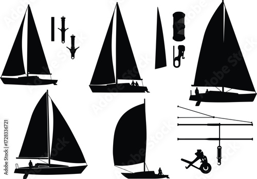 Sailing boat silhouettes, yacht collection, nautical marine vessels, sea journey, regatta race, travel adventure, maritime transport, sail rig, ocean exploration, ship design