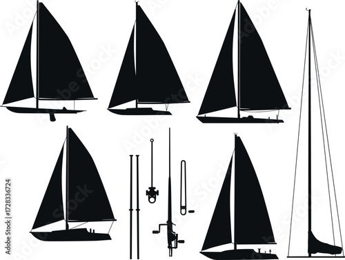 Sailing boat silhouettes, yacht design, nautical transport, marine vessels, ocean adventure, regatta sailing, travel boats, sail rig, maritime journey, sea exploration