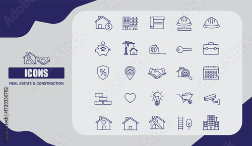  Flat Real Estate and Construction Icon Set for Property, Architecture, and Building Industry