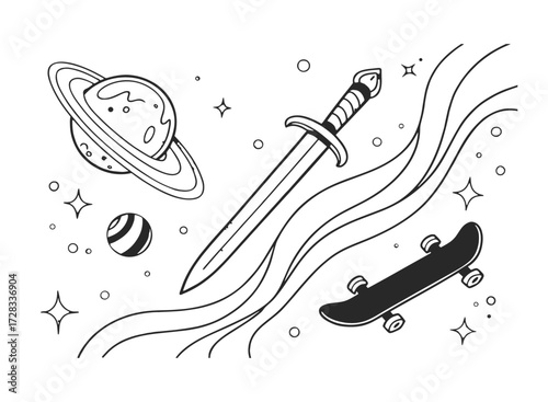 Whimsical hand-drawn doodle art featuring a cartoon ringed planet, classic sword, and solid black skateboard