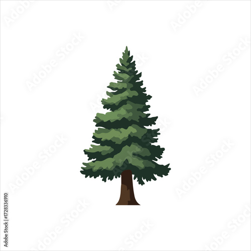 Illustration of a single evergreen tree with dark green needles and a brown trunk, isolated on a white background.