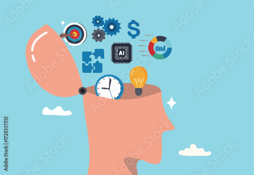 Learn new skills, knowledge or ability to work achieve success, new idea, training or study new skills, upskill or smart thinking, human head brain with skills symbol, creativity, time management.