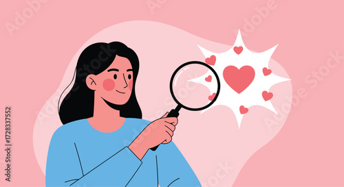 A person holding a magnifying glass to examine a heart symbol representing love and affection.