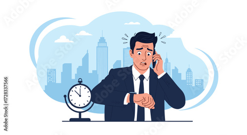 A stressed businessman anxiously checks his watch while on a call with a city skyline in the background.