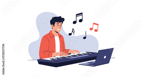 Young man playing a digital piano with musical notes floating around.