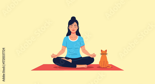 A woman meditating peacefully with her cat beside her on a yoga mat.