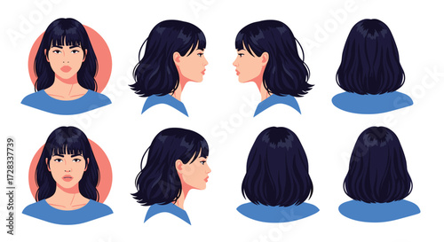 Illustrations of a young woman's face and hairstyle from various angles.