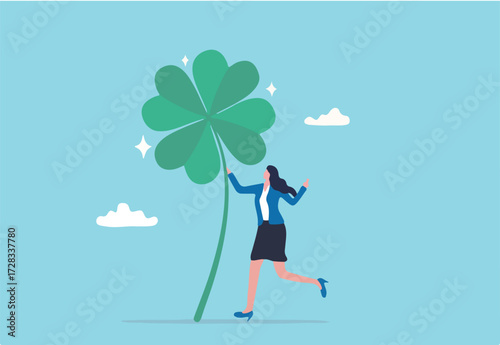 Luck for success, blessing for work opportunity, fortune or chance, good luck or happiness concept, lucky businesswoman with crossed finger gesture holding lucky clover leaf