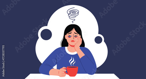 A young woman is feeling stressed and overwhelmed while sitting at a table with a cup of hot drink.