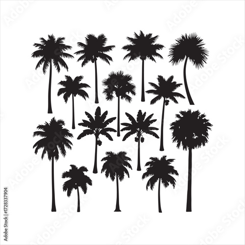 Palm tree silhouettes. Black palm trees symbols with tropical foliage. Relaxed exotic vibe, vacation mood. Nature icons for logos, web, travel brochures, pattern design. Vector set.
